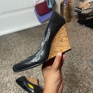 White House Black Market Snake Skin Black and Tan Cork Wedges